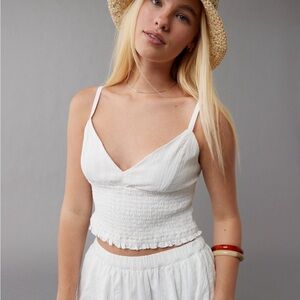 American Eagle Outfitters White Smocked Crop Top